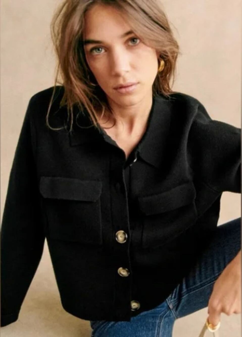 Sezane Betty Cardigan Sweater Crochet Merino Wool Knit Black Size Large